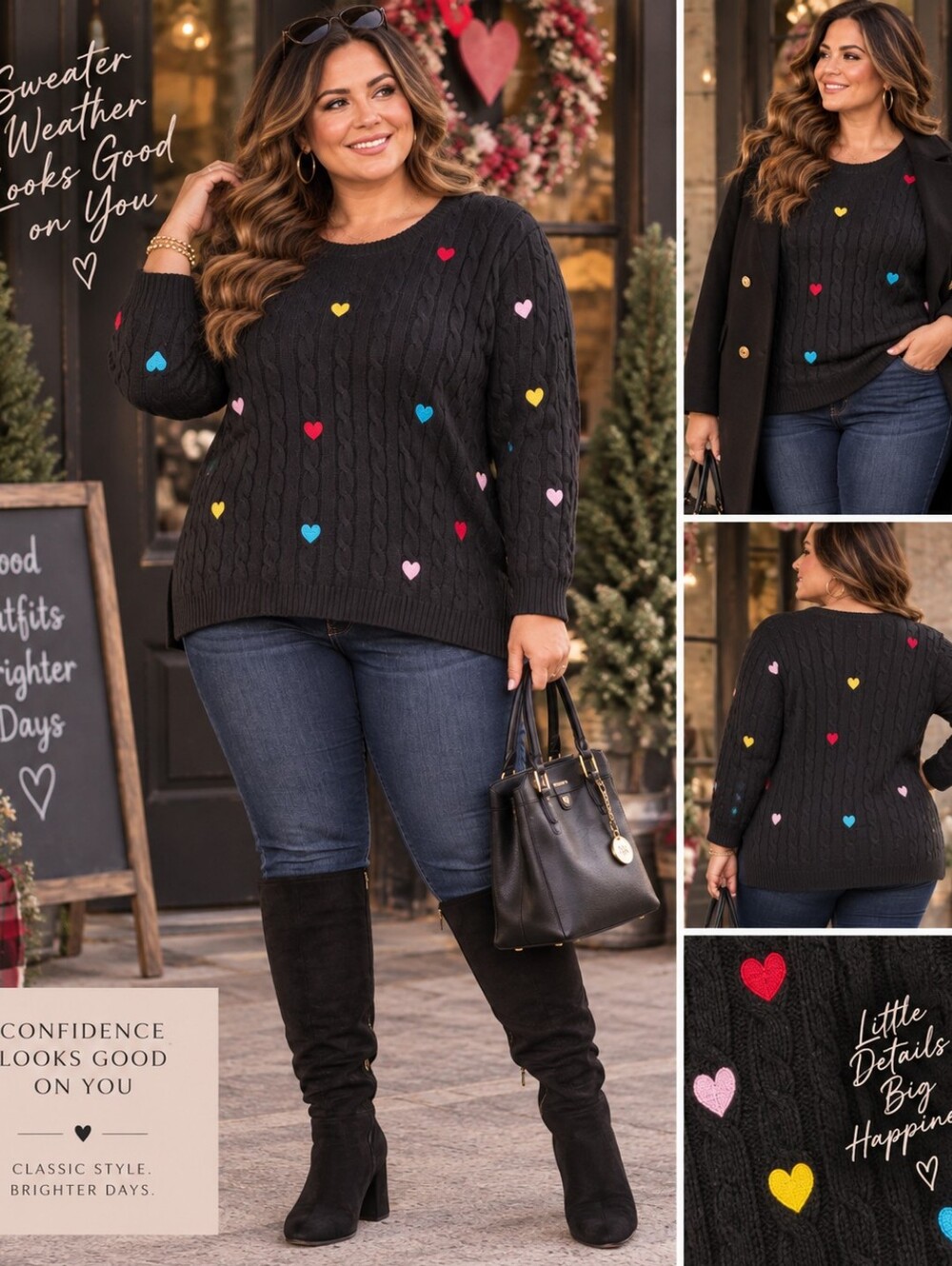 English Factory 3X Black Cable Knit Heart Sweater NWT Plus Size MSRP $120